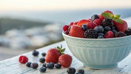 Fresh assorted berries in bowl with beautiful natural background
