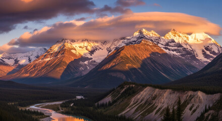 Majestic Sunrise Over Canadian Rockies Mountain Range with River Valley and Lenticular Clouds