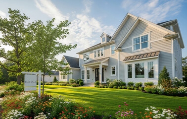 「For Sale」のサインが立つ、美しい花壇と芝生に囲まれた理想の戸建て住宅