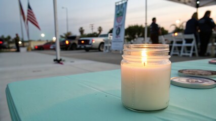 Warm candlelight at outdoor evening event with gathering of people
