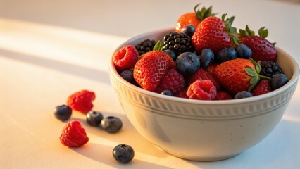 Fresh mixed berries in a bowl highlighted by natural light