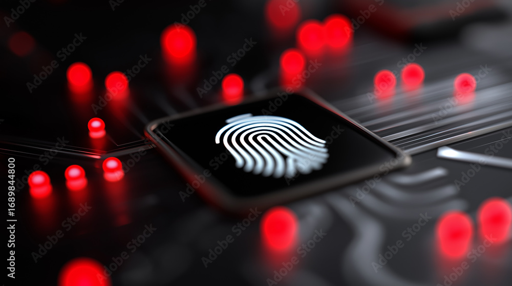 Poster digital glowing fingerprint with red light particles symbolizing cybersecurity and identity verifica
