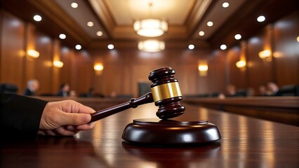 Judge holding a gavel in a traditional courtroom ready to make a ruling