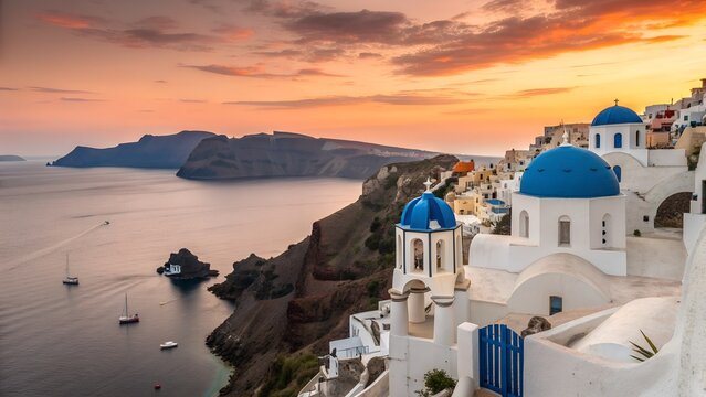 Iconic santorini greece white buildings blue domes sunset over aegean sea