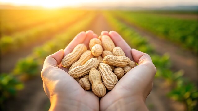 Hands holding freshly harvested peanuts in a field at sunset with sun rays