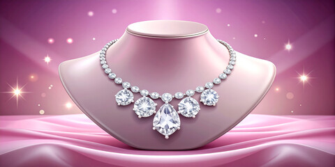 Elegant sparkling diamond necklace with brilliant cut gems showcased on a pink jewelry bust against a glamorous, illuminated background
