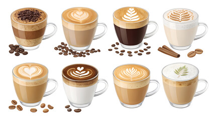 Coffee and cappuccino PNG set &ndash;  realistic coffee drinks, latte art, isolated transparent background