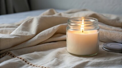 Serene candle on soft fabric in cozy indoor setting