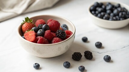 Fresh mixed berries in bowl on marble surface with blueberries on side