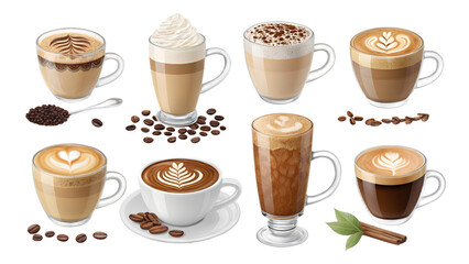 Obraz premium Coffee and cappuccino PNG set – realistic coffee drinks, latte art, isolated transparent background