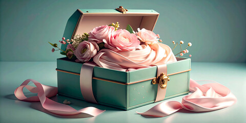 Luxurious teal gift casket filled with soft pink peonies and a flowing silk ribbon, a romantic and celebratory digital illustration