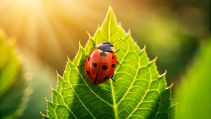 Fototapeta premium Bright red ladybug with black spots rests on a vibrant green leaf in golden sunlight