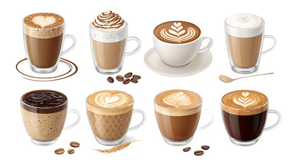 Coffee and cappuccino PNG set &ndash;  realistic coffee drinks, latte art, isolated transparent background
