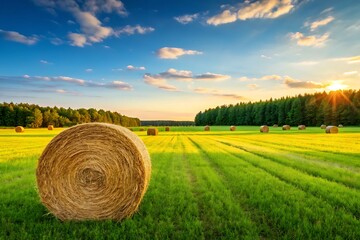 Golden hay bale in a lush green field at sunset with dramatic clouds