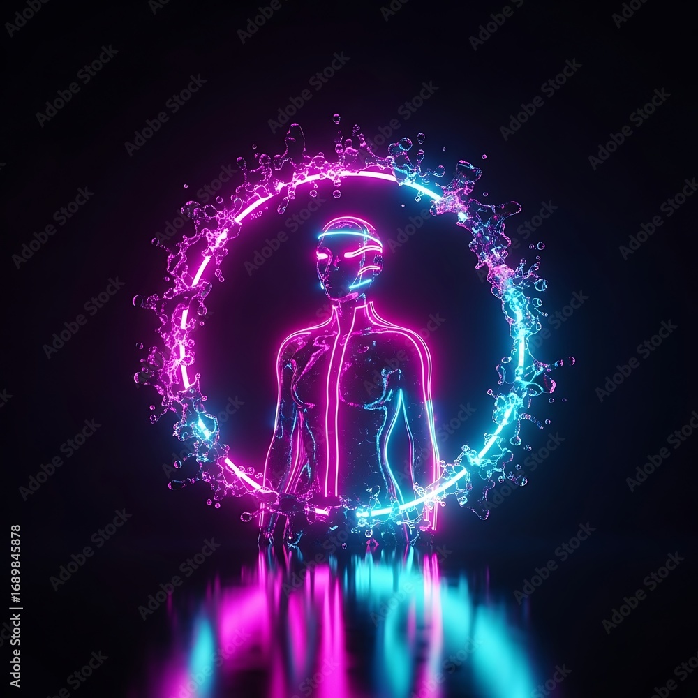 Poster futuristic neon figure within a glowing circle illuminating reflective surface with a dark backdrop 