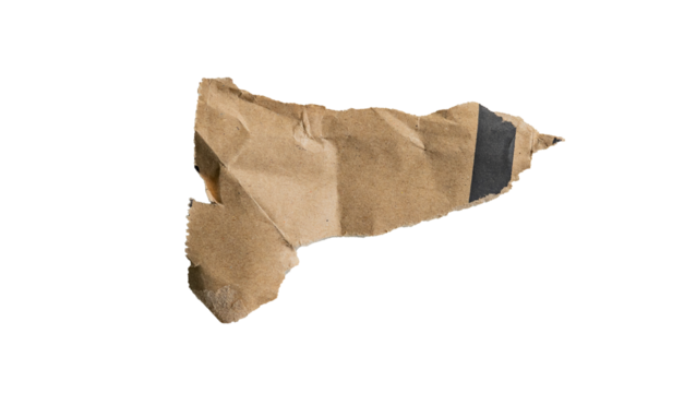 Fragmento de papel kraft rasgado con franja negra sobre fondo transparente