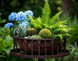 Rustic planter with colorful plants