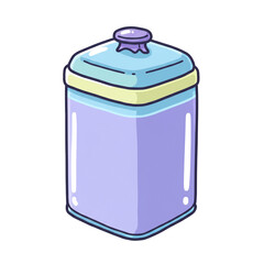 A charming cartoon illustration of a square glass canister with a light blue lid and a purple handle, filled with a lovely lavender-colored substance.