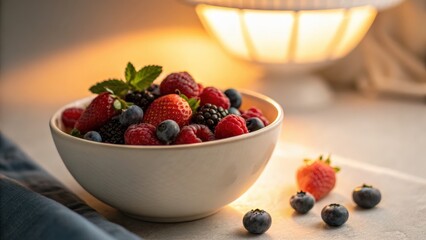 Vibrant bowl of fresh berries with soft lighting and warm tones