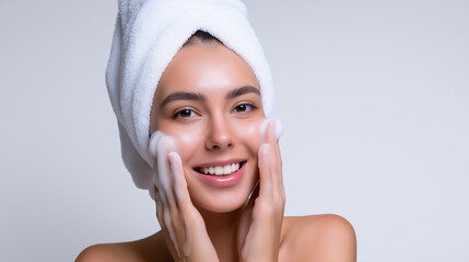 Smiling young woman with towel on head cleansing her face with foam. 

