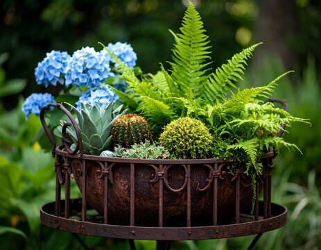 Rustic planter with colorful plants