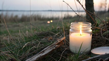 Candle lighting on grassy shore at twilight with serene lake view