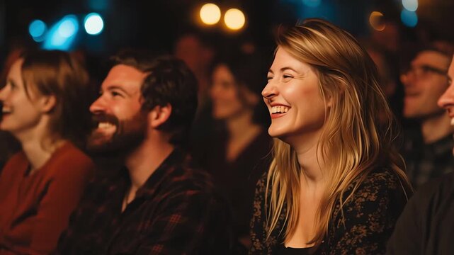 Laughing audience enjoying comedy show performance at a live event stage