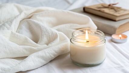 Serene cozy setting with candle and soft textiles for relaxation