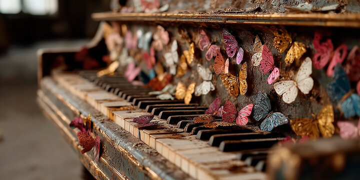 Un piano rodeado por mariposas de colores.
