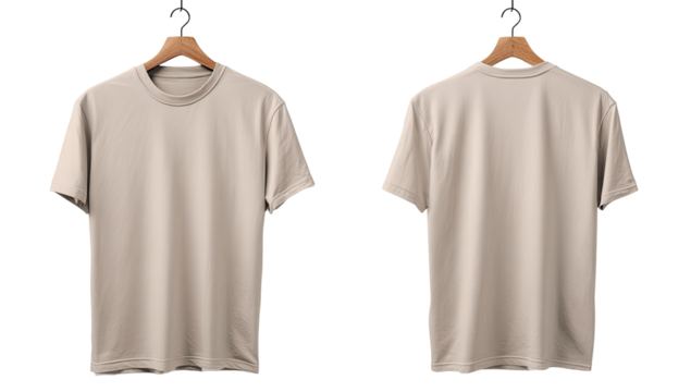 Two light beige t-shirts on hangers, front and back views