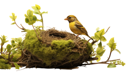 Yellow Bird on Nest with Spring Branches transparent background png