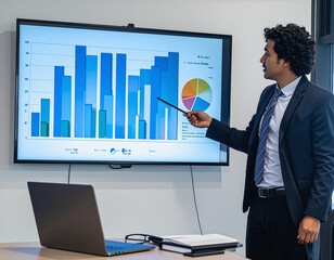 Person presenting charts on a big screen in an office, teamwork, collaboration concept
