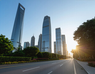 Obraz premium City business district in the morning, modern skyscrapers, fresh sunlight