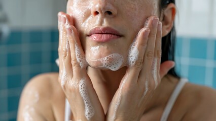 Woman washing face with foam cleanser, conveying skincare and freshness.