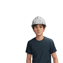 A young construction worker with a look of shock and concern on his face wears a white hard hat and a dark t-shirt against a plain black background.