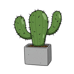 A charming hand-drawn illustration of a vibrant green saguaro-style cactus with prominent spines, potted in a modern, minimalist grey square container.