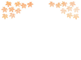 モミジの紅葉イメージの背景素材。水彩風テクスチャー。葉っぱのシルエット。やさしい色調。光の粒子や水滴の輝き。コーナータイプ。