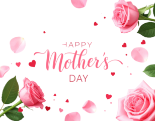 Elegant Happy Mother’s Day Calligraphy with Flowers and Hearts – Flat Lay PNG