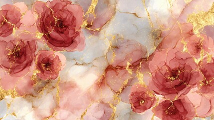 Elegant floral artwork features pink roses with golden accents in a fluid abstract style.