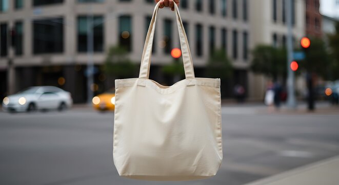 totebag, tote bag, tote-bag mockup for design and fashion. A cream-colored tote bag held in a hand, outdoors in a city setting.