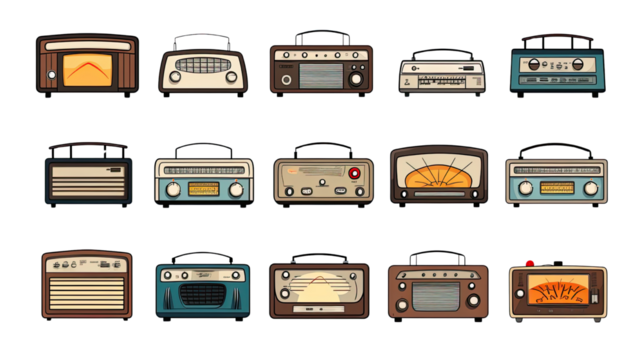Collection of vintage retro radios with classic knobs and dials in various styles isolated on white background