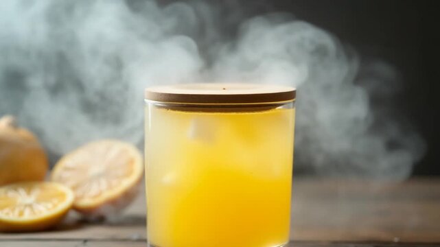 White smoke infuses a yellow cocktail in a glass with ice, a wooden lid, and citrus fruits in the background