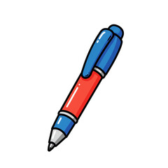 A colorful cartoon-style illustration of a red and blue ballpoint pen, hand-drawn with bold black outlines and simple shading, isolated on a black background.