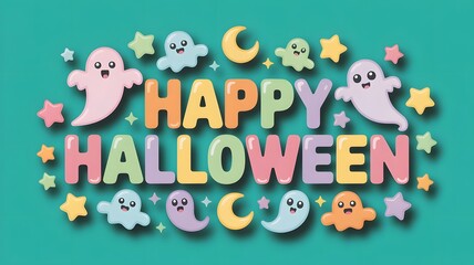 Obraz premium Cute pastel ghosts and stars surround colorful happy halloween lettering on a teal background