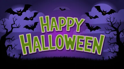 Spooky happy halloween text with flying bats and silhouetted trees against a purple night sky
