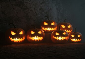 Naklejka premium Glowing Halloween Pumpkins with Carved Faces on Dark Textured Background
