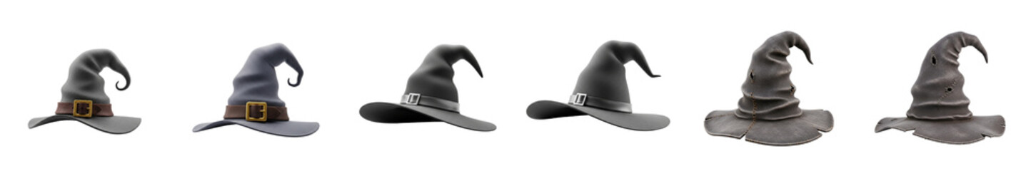Collection of various detailed witch hats in different styles and textures, perfect for magical Halloween concepts, isolated on transparent background