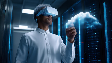 Man wearing VR headset interacting with holographic cloud in futuristic server room.