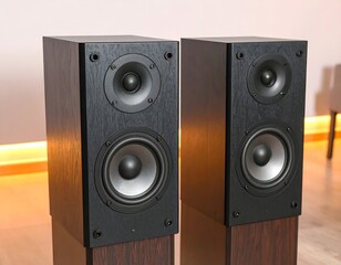 Fototapeta premium Two black wooden speakers, lit by warm light