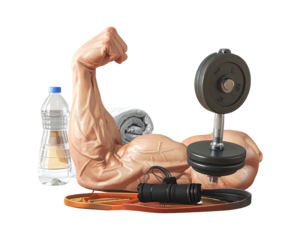 Muscular Arm Flexing with Dumbbell and Gym Accessories – Side View PNG